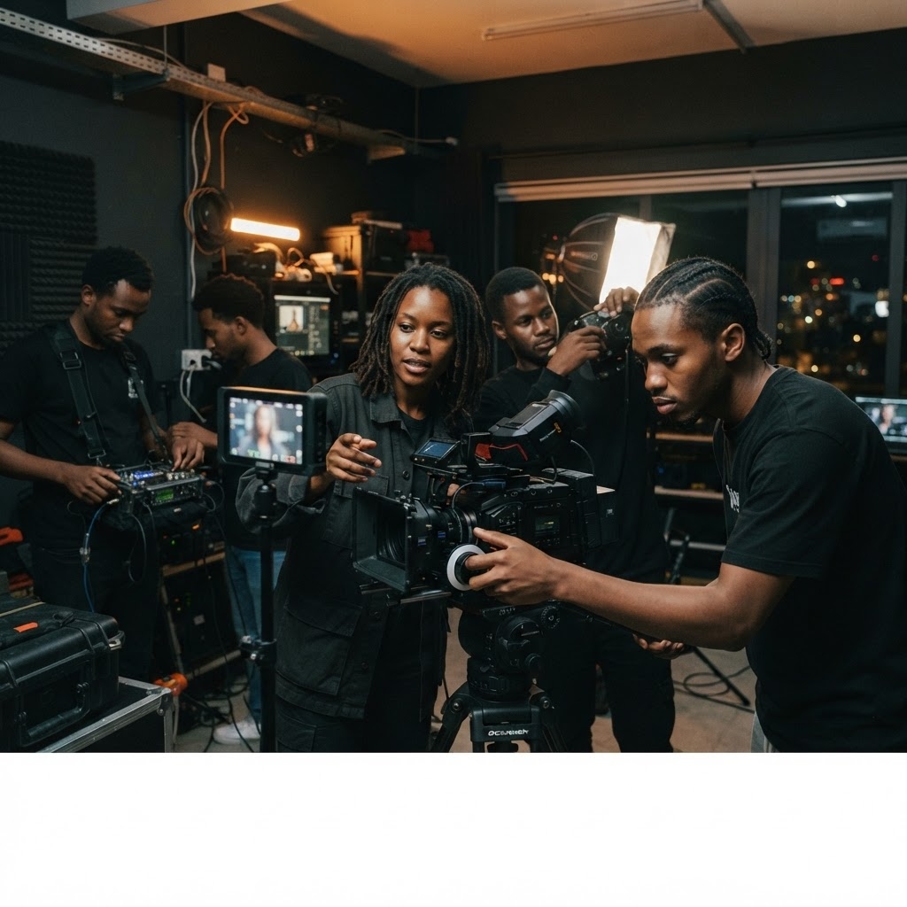 Young filmmakers working together in a Kigali studio